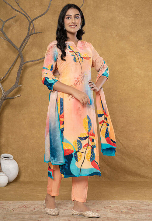 Digital Print Pure Silk Pakistani Suit in Light Peach