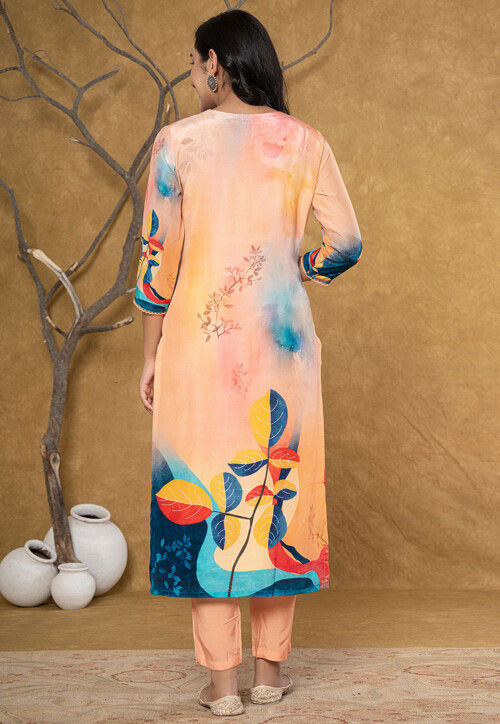 Digital Print Pure Silk Pakistani Suit in Light Peach
