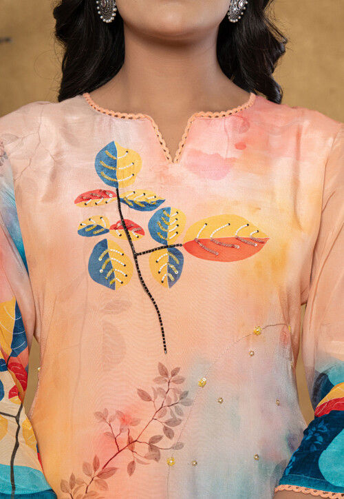 Digital Print Pure Silk Pakistani Suit in Light Peach