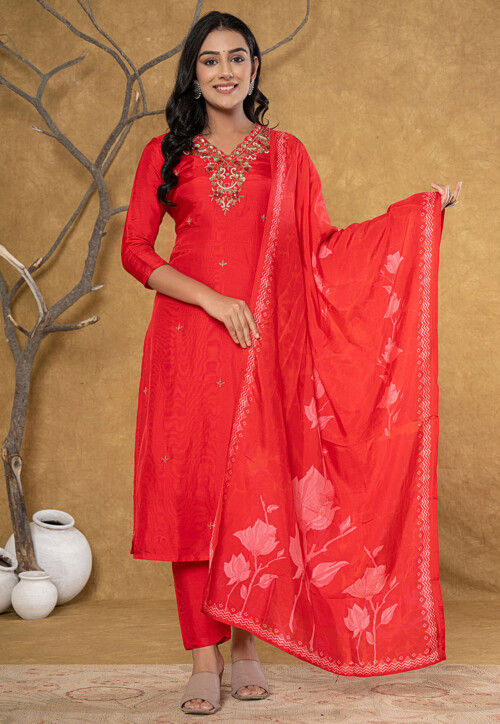 Digital Print Pure Silk Pakistani Suit in Red