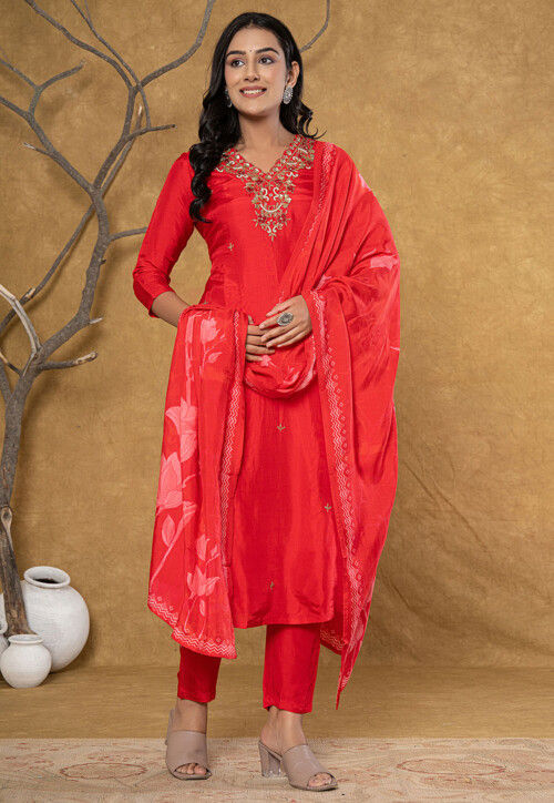 Digital Print Pure Silk Pakistani Suit in Red