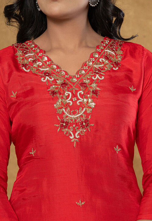 Digital Print Pure Silk Pakistani Suit in Red