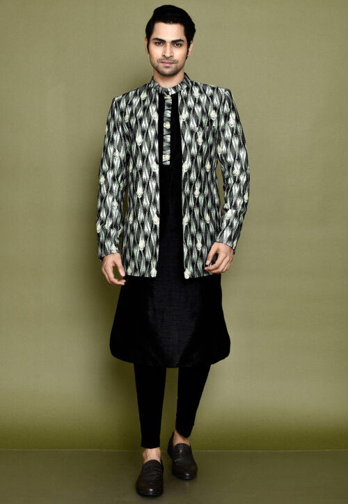 Digital Printed Art Dupion Silk Kurta Set in Black