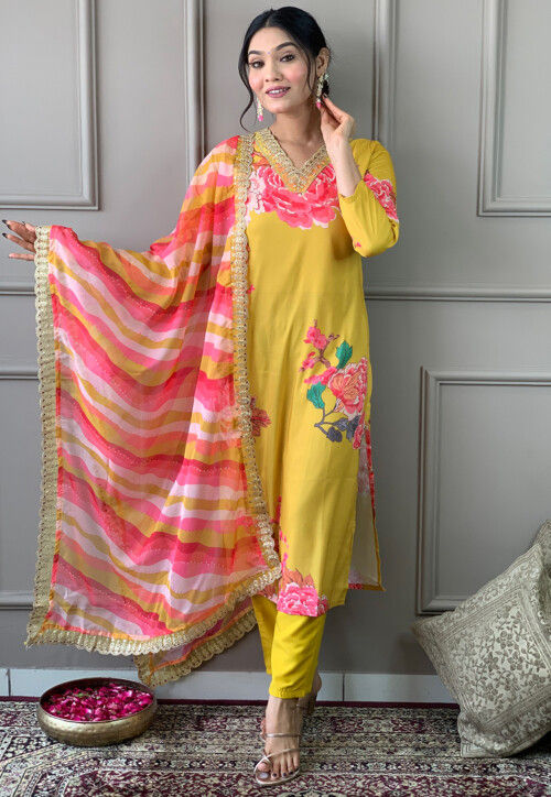 Digital Printed Art Muslin Silk Aline Suit in Yellow