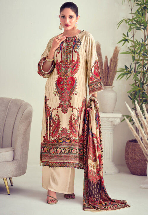 Digital Printed Muslin Silk Pakistani Suit in Beige