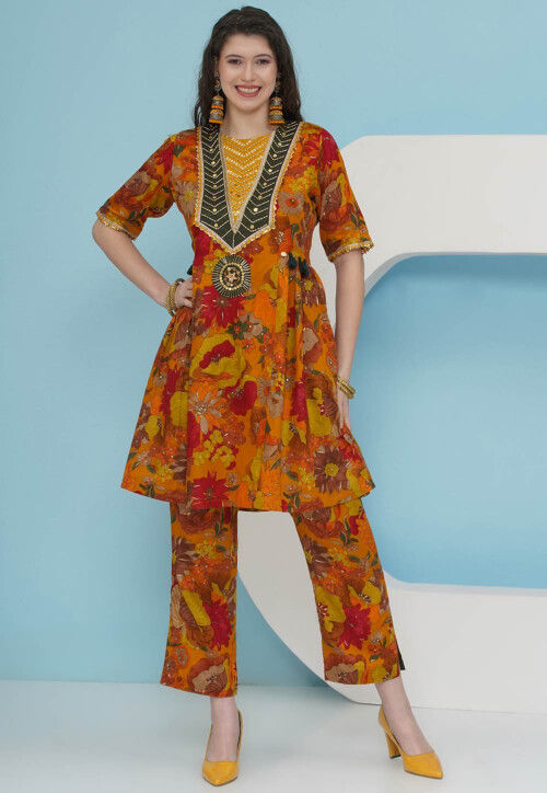 Digital Printed Art Silk A Line Kurta Set in Orange