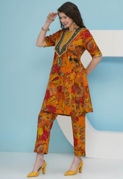 Digital Printed Art Silk A Line Kurta Set in Orange