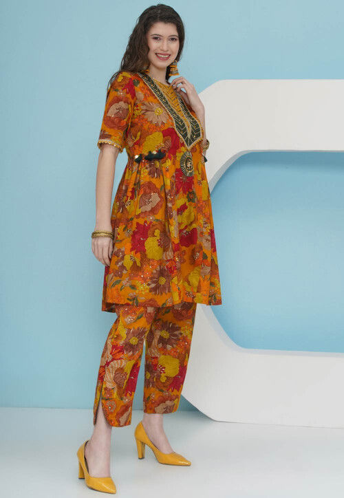 Digital Printed Art Silk A Line Kurta Set in Orange