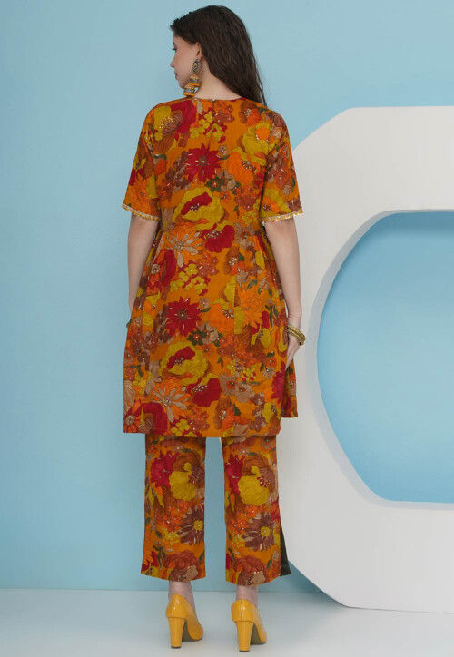 Digital Printed Art Silk A Line Kurta Set in Orange