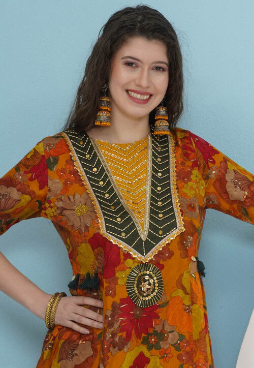 Digital Printed Art Silk A Line Kurta Set in Orange
