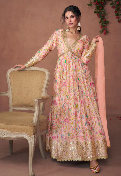 Digital Printed Art Silk Abaya Style Kameez in Light Pink