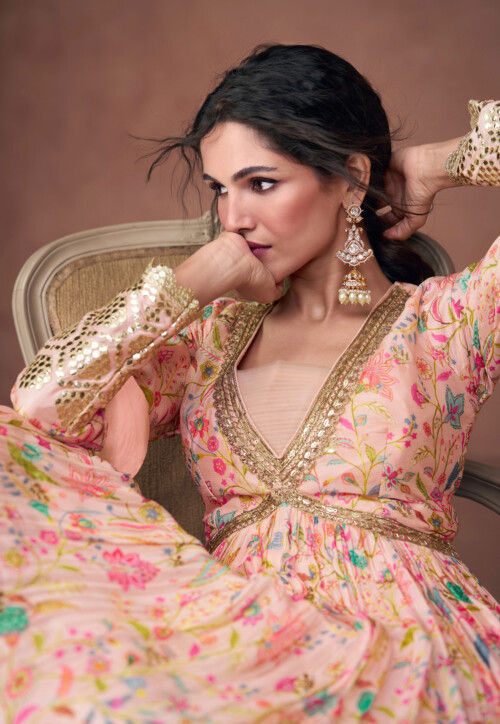 Digital Printed Art Silk Abaya Style Kameez in Light Pink