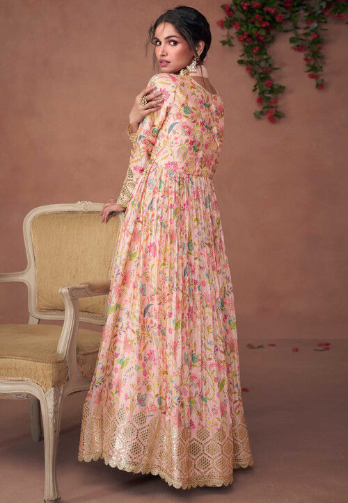 Digital Printed Art Silk Abaya Style Kameez in Light Pink