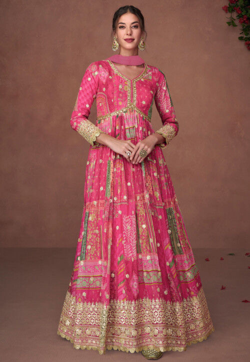 Digital Printed Art Silk Abaya Style Kameez in Pink