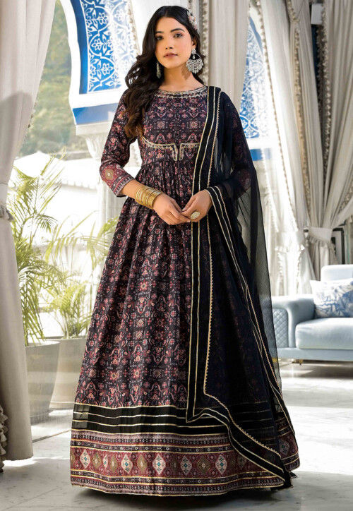 Buy Digital Printed Art Silk Abaya Style Suit in Black Online KJC3320 Utsav Fashion