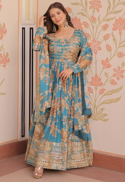Digital Printed Art Silk Abaya Style Suit in Blue