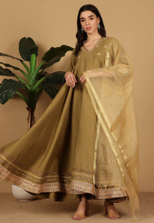 Digital Printed Art Silk Abaya Style Suit in Dusty Green