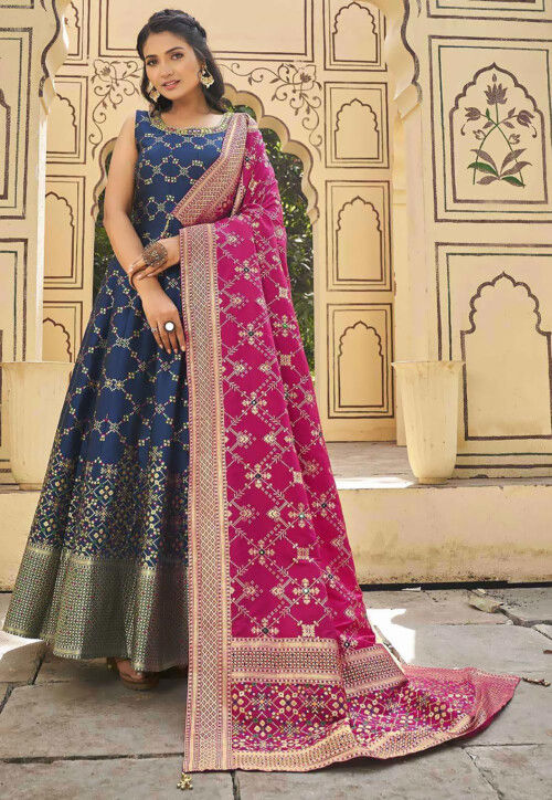 Buy Digital Printed Art Silk Abaya Style Suit in Navy Blue Online KCH11482 Utsav Fashion