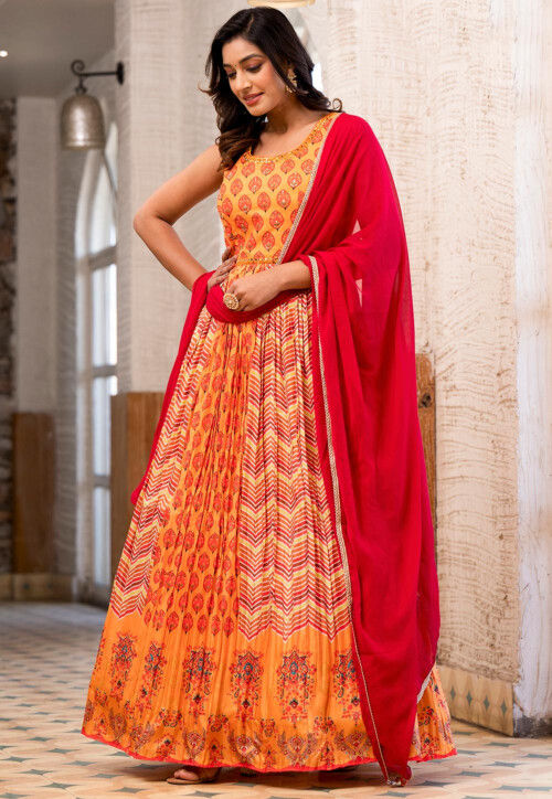 Digital Printed Art Silk Abaya Style Suit in Yellow