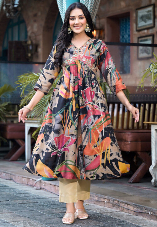 Digital Printed Art Silk Aline Kurta in Black
