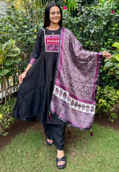 Digital Printed Art Silk Anarkali Suit in Black