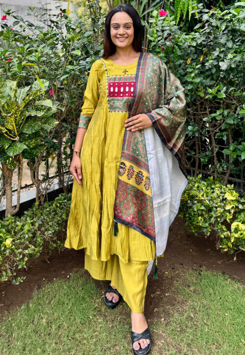 Digital Printed Art Silk Anarkali Suit in Light Olive Green