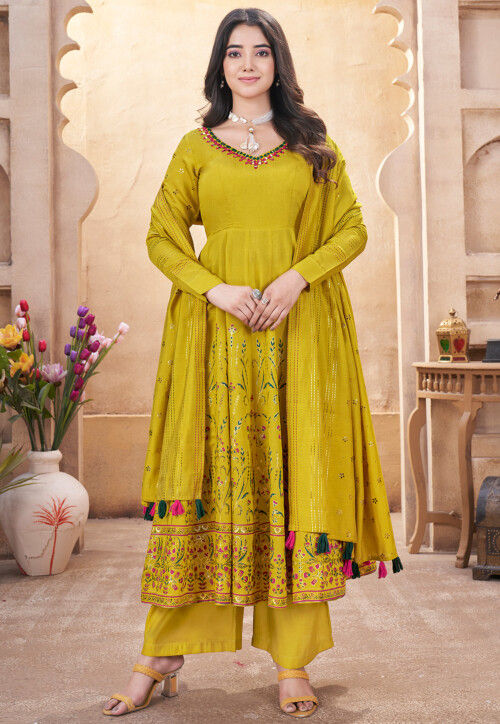 Digital Printed Art Silk Anarkali Suit in Olive Green