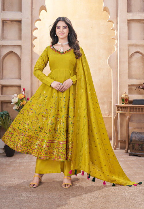 Digital Printed Art Silk Anarkali Suit in Olive Green