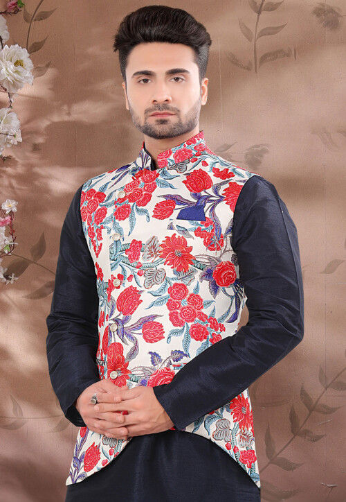 Digital Printed Art Silk Asymmetric Nehru Jacket in Off White
