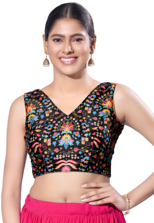 Digital Printed Art Silk Blouse in Black