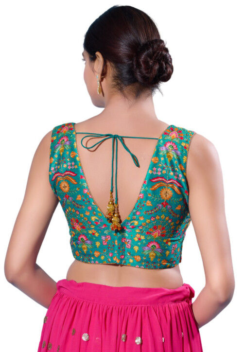 Digital Printed Art Silk Blouse in Teal Blue