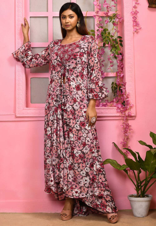 Digital Printed Art Silk Co Ord Set in Magenta