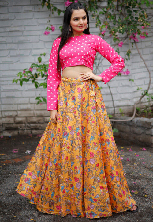 Yellow readymade suit with mirror embroidered crop top,sharara pants &  mirror & sequin embroidery bell sleeve long shrug