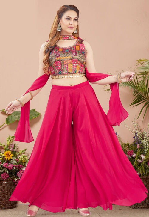 Digital Printed Art Silk Crop Top Set in Fuchsia