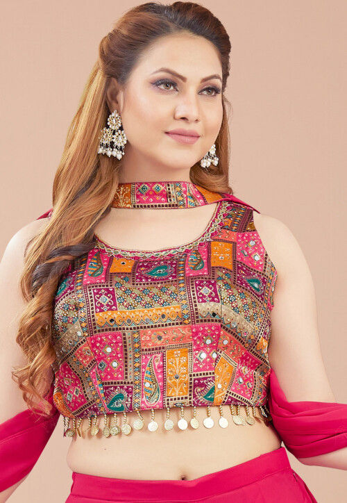 Digital Printed Art Silk Crop Top Set in Fuchsia