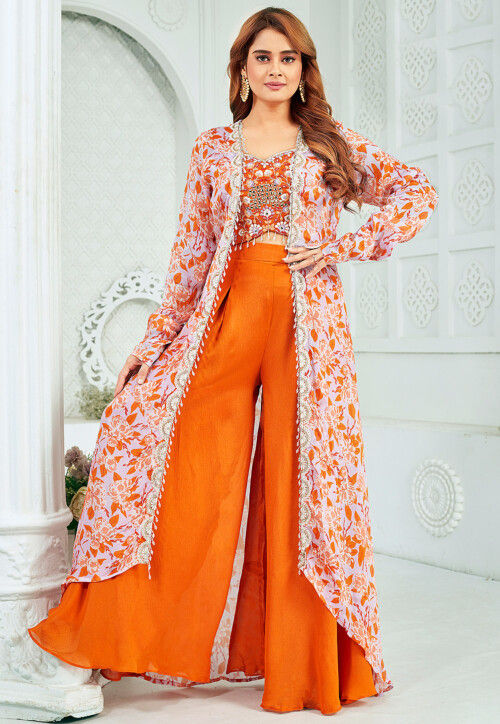 Buy Digital Printed Art Silk Crop Top Set in Orange Online