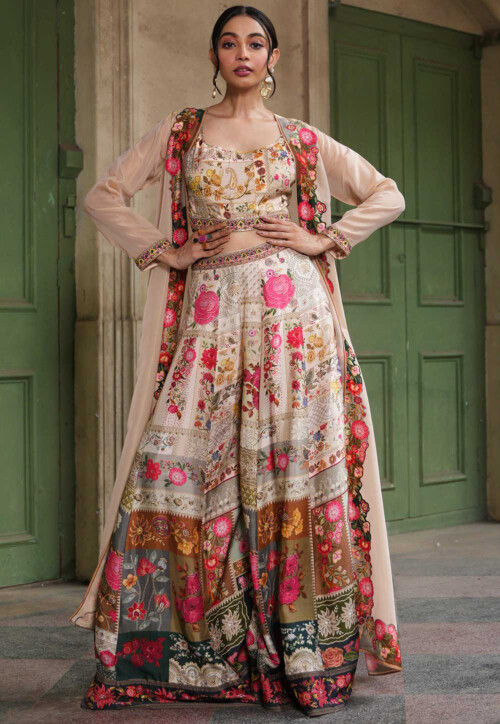 Digital Printed Art Silk Crop Top Set with Jacket in Beige