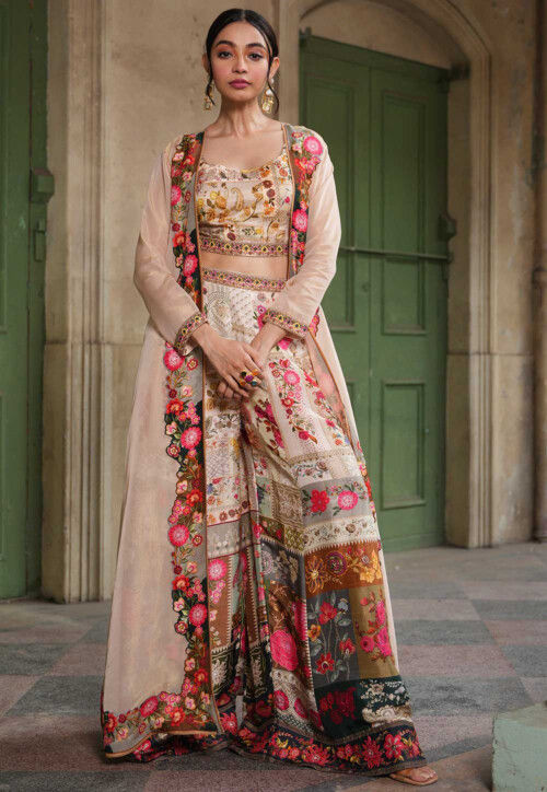 Digital Printed Art Silk Crop Top Set with Jacket in Beige