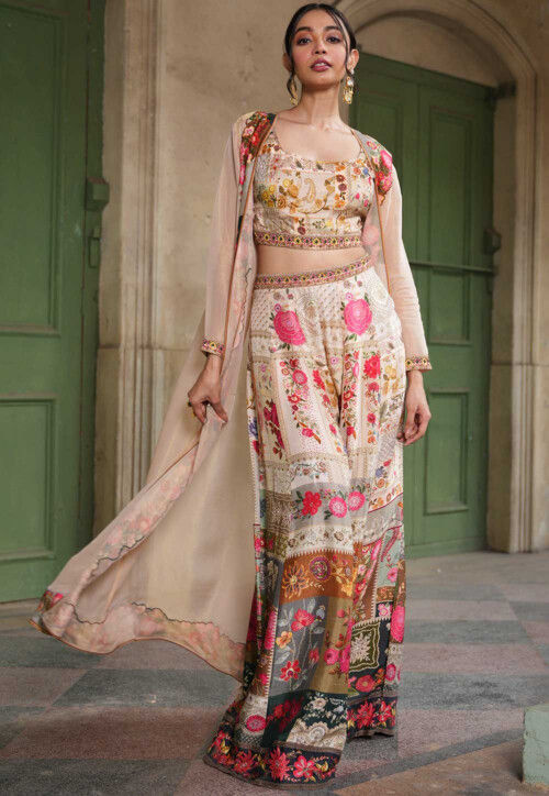 Digital Printed Art Silk Crop Top Set with Jacket in Beige