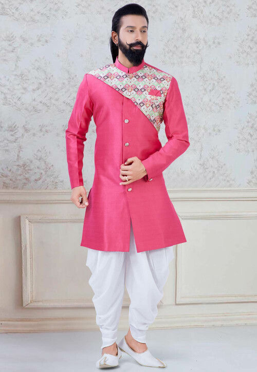 Digital Printed Art Silk Dhoti Sherwani in Pink