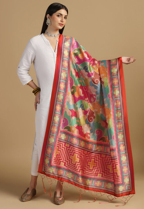 Digital Printed Art Silk Dupatta in Multicolor