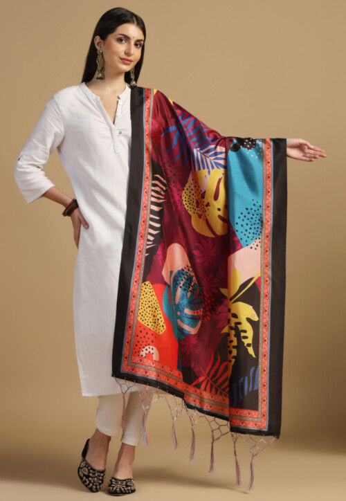 Digital Printed Art Silk Dupatta in Red