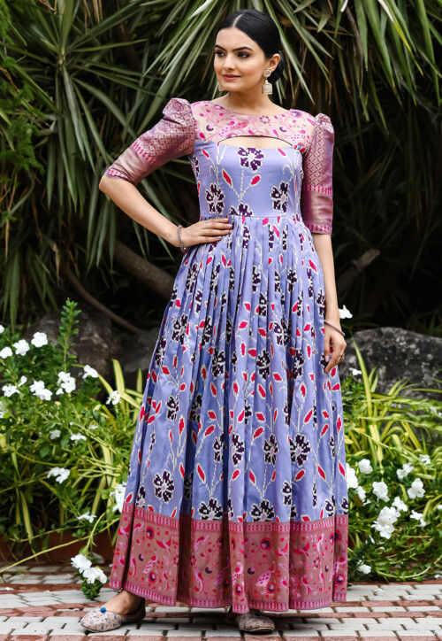 Digital Printed Art Silk Gown in Purple