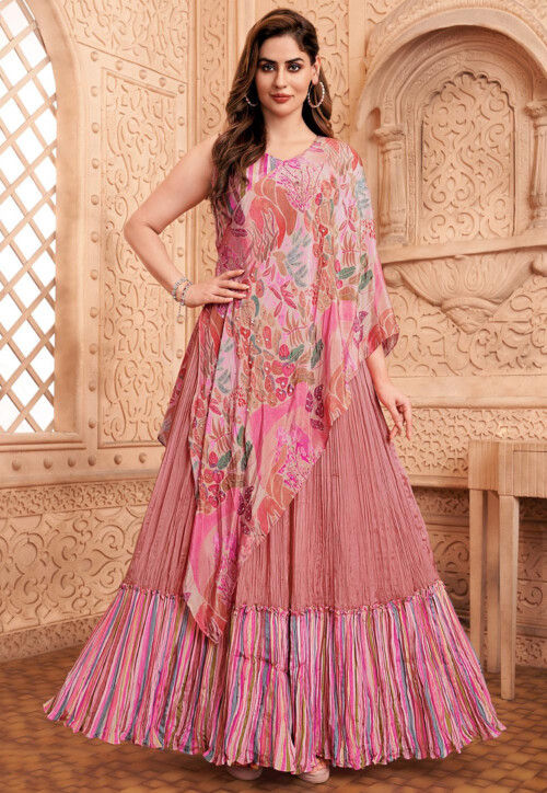 Digital Printed Art Silk Gowns with attached Dupatta in Peach