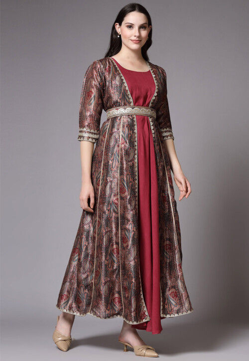 Digital Printed Art Silk Jacket Style Dress in Brown and Maroon