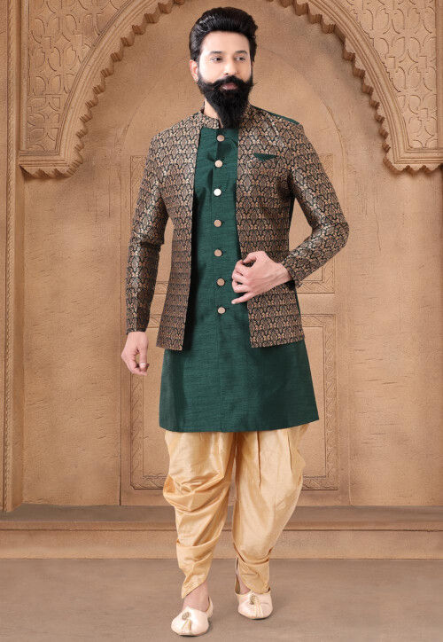 Digital Printed Art Silk Jacket Style Sherwani in Dark Green