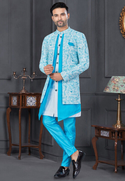 Digital Printed Art Silk Jacket Style Sherwani in Light Blue