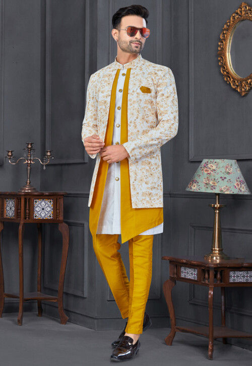 Digital Printed Art Silk Jacket Style Sherwani in Mustard