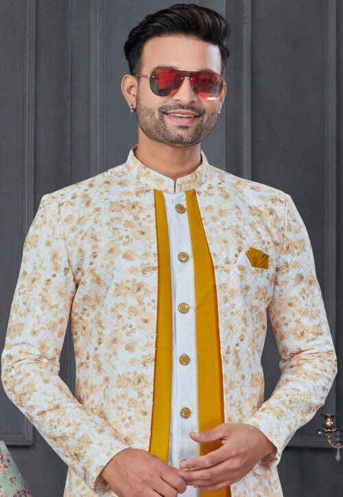 Digital Printed Art Silk Jacket Style Sherwani in Mustard