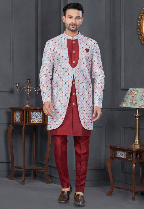 Digital Printed Art Silk Sherwani in Off White and Maroon